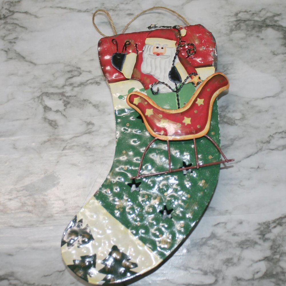 Metal Christmas Stocking with Santa in Sleigh Holiday Home Wall Art Decor